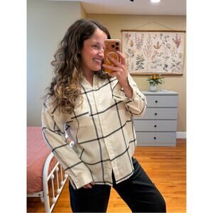 Z Supply Beige Windowpane Button-Up Shirt - Oversized Plaid Soft Flannel Medium